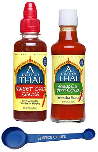 A Taste Of Thai Sweet Chili Sauce and Garlic Chili Pepper Sauce 7 Ounce -Pack of 2- - with Spice of Life 4-in-1 Measuring Spoon