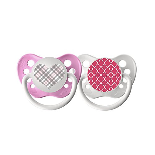Ulubulu Expression Pacifier Set for Girls Pink Plaid Heart and Pink Moroccan Pattern 6-18 Months