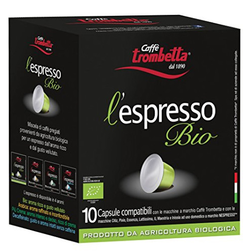 Trombetta Nespresso Organic Italian Coffee - 10 Capsules Lespresso Bio Instant Organic Espresso Coffee - Compatible Nespresso Espresso Coffee Pods