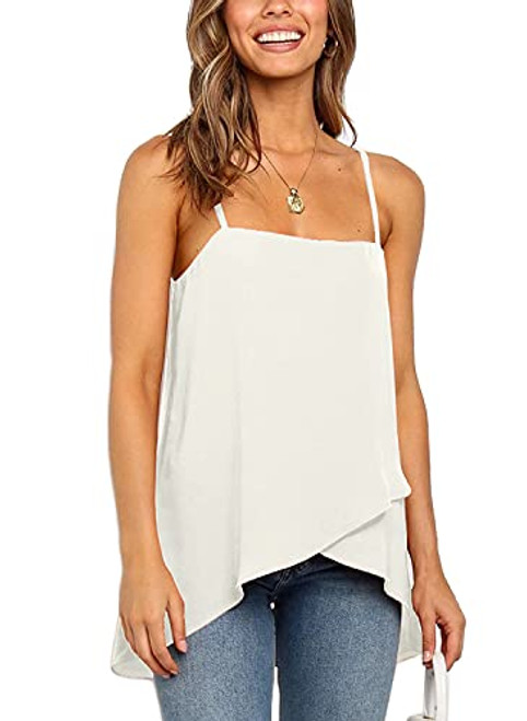 PEKONIVA Women's Chiffon Cami Tank Top Solid Spaghetti Strap Ruffle Hem Sleeveless Shirt Summer Loose Tunic Tops for Legging White-L PEKONIVA Women's Chiffon Cami Tank Top Solid Spaghetti Strap Ruffle Hem Sleeveless Shirt Summer Loose Tunic Tops for Legging White-L