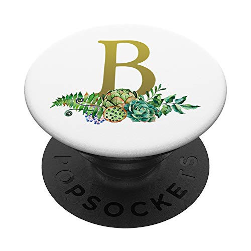 Cactus Succulent Gold Letter B Initial Monogram Floral PopSockets Grip and Stand for Phones and Tablets