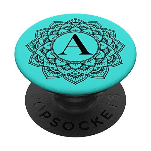 Black Teal Turquoise Monogram Letter A Initial Mandala PopSockets PopGrip- Swappable Grip for Phones  and  Tablets