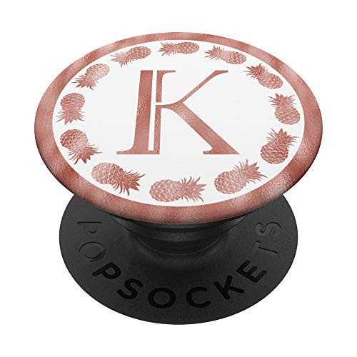 Letter K Initial Pink Rose Pineapple On White Monogram Girls PopSockets Grip and Stand for Phones and Tablets