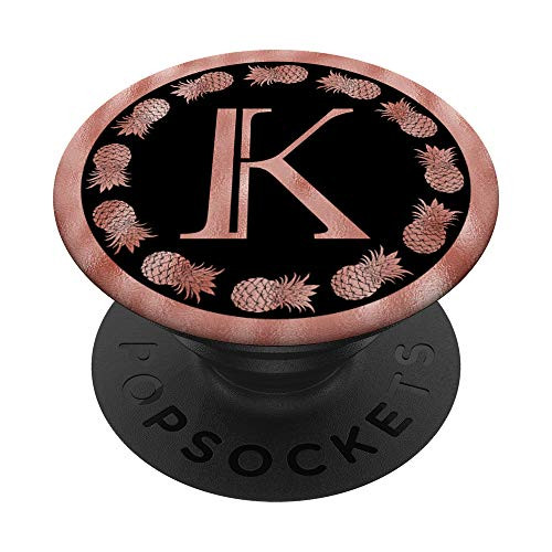 Letter K Initial Pink Rose Pineapple On Black Monogram Girls PopSockets Grip and Stand for Phones and Tablets