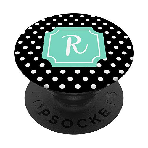 Letter R Monogram Black Polka dot pattern  and  Aqua Mint label PopSockets Grip and Stand for Phones and Tablets