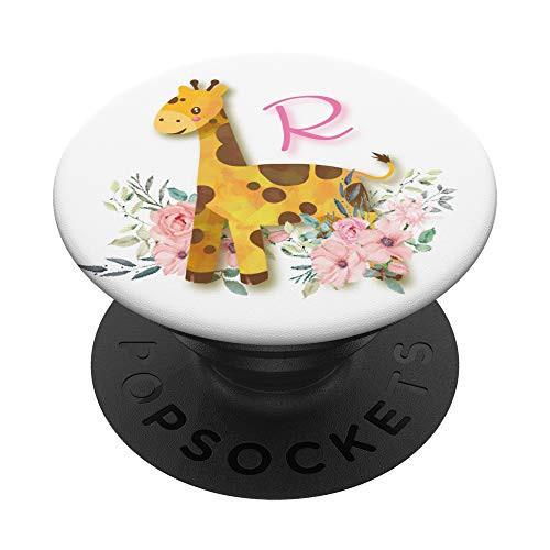 Cute Giraffe Pink Flowers Monogram Name Initial Letter R PopSockets Grip and Stand for Phones and Tablets