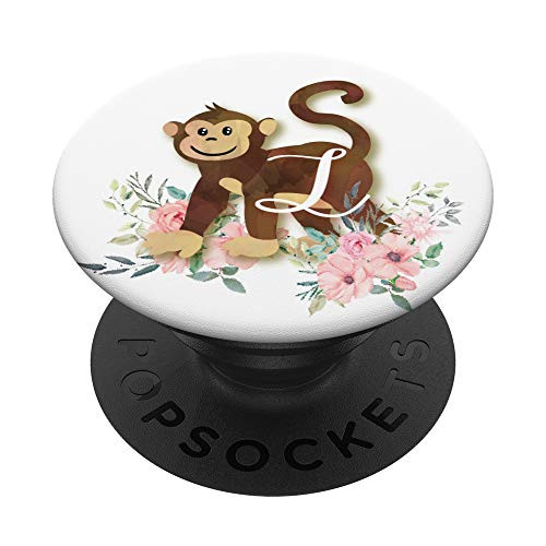 Cute Monkey Pink Flowers Monogram Name Initial Letter L PopSockets PopGrip- Swappable Grip for Phones  and  Tablets