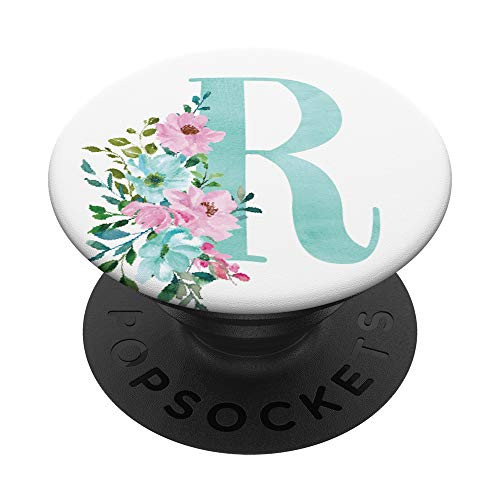 Mint and Pink Floral Flowers Monogram Name Initial Letter R PopSockets Grip and Stand for Phones and Tablets