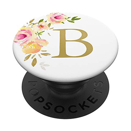 B Initial Monogram Letter Gold and Peach Rose PopSockets Grip and Stand for Phones and Tablets