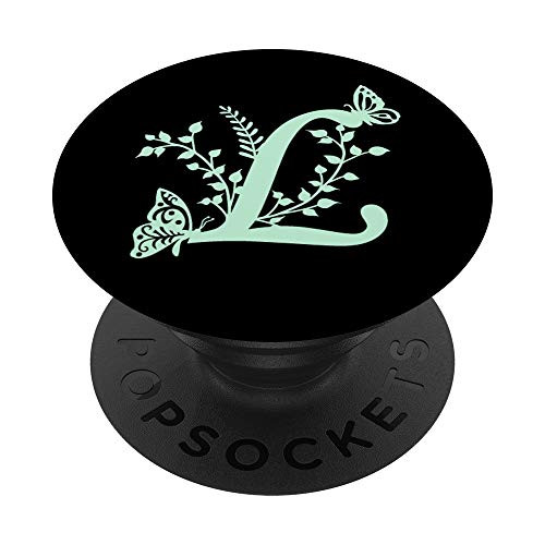 Black Mint Green Butterfly Letter L Initial Monogram PopSockets PopGrip- Swappable Grip for Phones  and  Tablets