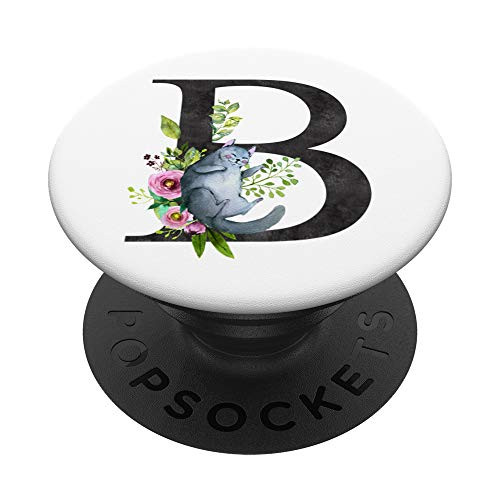 Initial B Letter Cat Rose Flowers Watercolor Monogram - B PopSockets Grip and Stand for Phones and Tablets