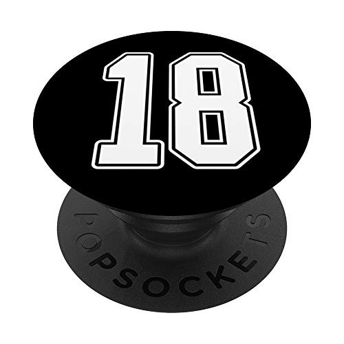 18 White Outline Number 18 Sports Fan Jersey Style PopSockets PopGrip- Swappable Grip for Phones  and  Tablets