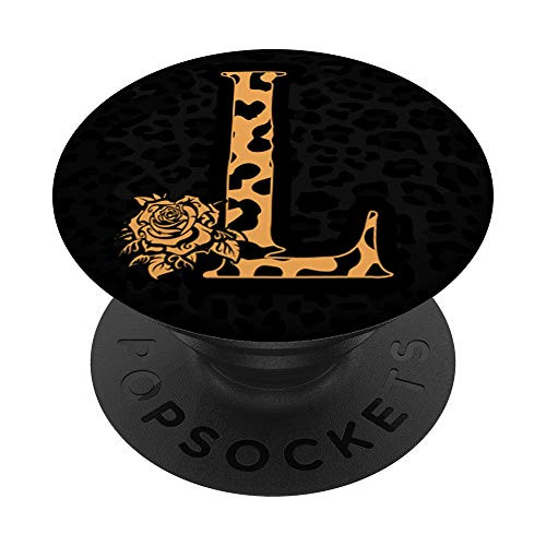 Cute Cheetah Print Letter L Leopard Cheetah Black PopSockets PopGrip- Swappable Grip for Phones  and  Tablets