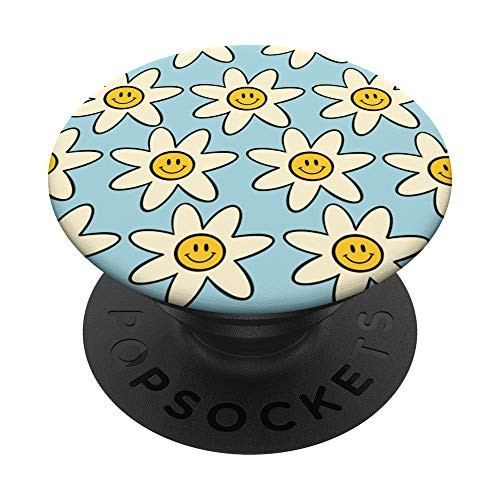 Cute Retro Vibe Daisy Flower Smiley Face Happy Face Graphic PopSockets PopGrip- Swappable Grip for Phones  and  Tablets
