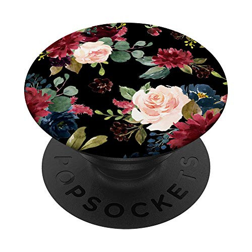 Floral Pattern Pink Peach and Burgundy Red Rose on Black PopSockets PopGrip- Swappable Grip for Phones  and  Tablets