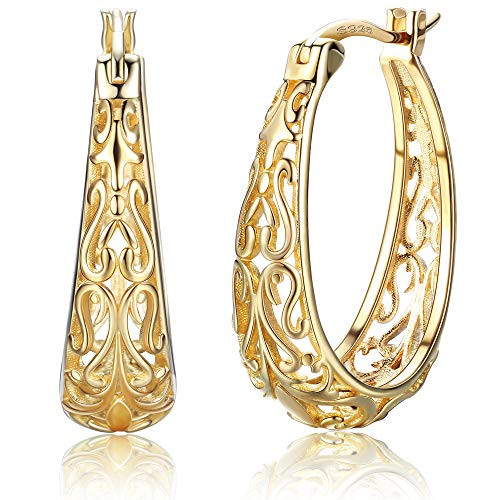Fiasaso Oxidized 925 Sterling Silver Filigree Hoop Earrings for Women Vintage 14K Gold Plated Oval Hoop Earrings Fiasaso Oxidized 925 Sterling Silver Filigree Hoop Earrings for Women Vintage 14K Gold Plated Oval Hoop Earrings