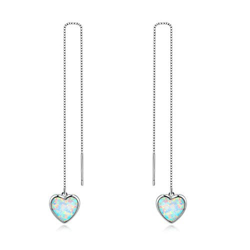 CiNily Opal Earrings Heart Threader Drop Earrings 18K White Gold Plated Long Chain Earring for Women Girls -White-
