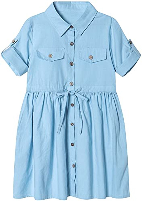 Girl's Casual Plaid Summer Roll Up 3-4 Short Sleeve Pleated Waist Button Down Shirt Dresses Blue 6-7T Girl's Casual Plaid Summer Roll Up 3-4 Short Sleeve Pleated Waist Button Down Shirt Dresses Blue 6-7T