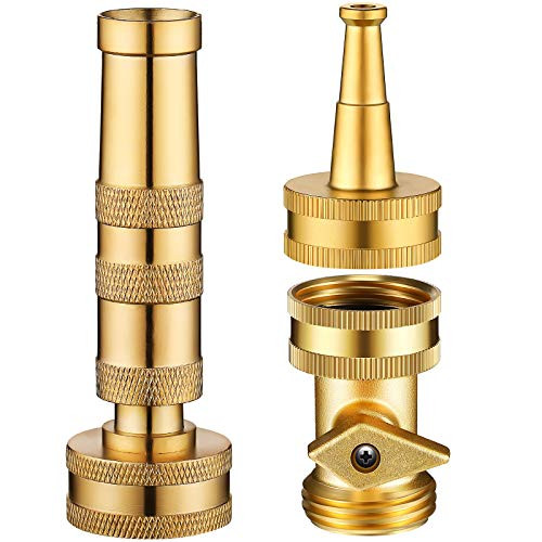3 Pieces Adjustable Hose Nozzle and Jet Sweeper Nozzle Set Include Twist Hose Nozzle Brass Jet Sweeper Sprayer Nozzle Hose Shut Off Valve 3-4 Inch for Watering Gardens -Brass Handle-