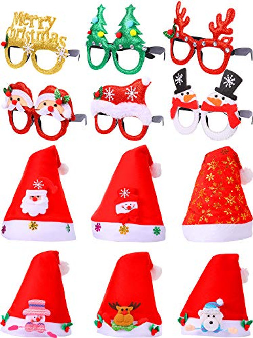 12 Pieces Christmas Glitter Party Sunglasses Creative Funny Eyeglasses Christmas Hat Santa Claus Non-Woven Hats Holiday Costume Party Supplies Decoration