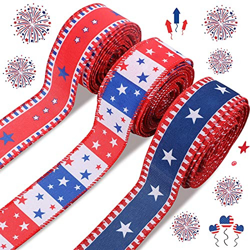 3 Rolls Independence Day Ribbon 1.5 Inch Wired Edge Patriotic Ribbon Fine Linen Ribbon Stars and Stripes Wired Craft Ribbon for Memorial Day Veterans Day 4th of July President's Day 10 Yards Each