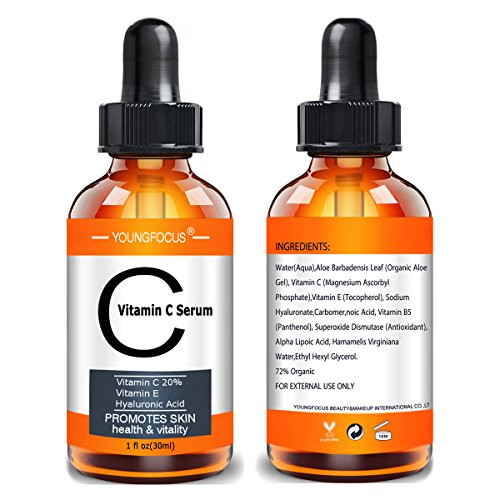 Youngfocus vitamin c facial-serum hyaluronic acid 2018 organic anti aging face serum with vitamin e boost collagen fade sun age spots brightening 1 fl oz