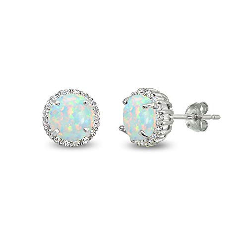 Sterling Silver Synthetic White Opal  and  Cubic Zirconia 6mm Round-cut Halo Stud Earrings