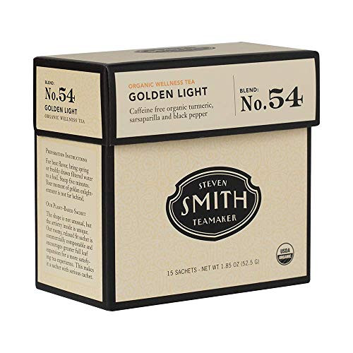 Smith Teamaker  Golden Light No. 54 - Turmeric Sarsaparilla  and  Black Pepper  Caffeine-Free Herbal Certified Organic Vibrant Wellness Tea -15 Sachets 1.85oz each-