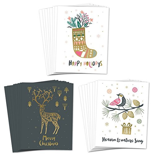 24 Pack Christmas Greeting Cards Assortment of 3 Golden Nature Designs Envelopes Included Holiday Greetings to Family Friends  and  Coworkers 24 Mixed Variety Boxed Note Set Great Value by Digibuddha