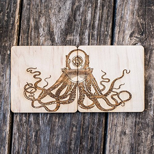 Steampunk Octopus Coaster Set of 2 Raw Wood