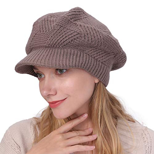 Muryobao Women Winter Warm Hat Slouchy Cable Knit Visor Crochet Beanie Hats Snow Ski Skull Cap with Brim Khaki