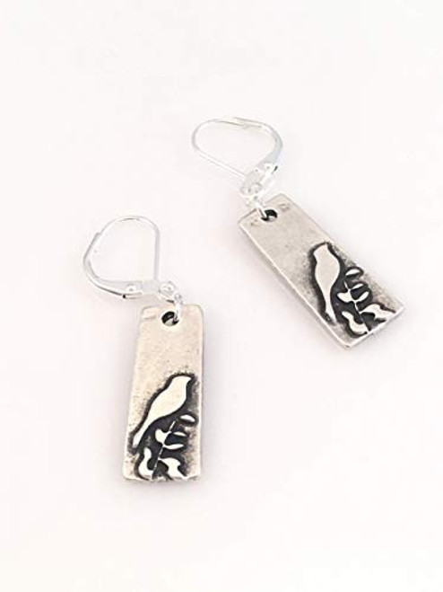 Antiqued Pewter Bird Rectangle Charm Lever Back Earrings Antiqued Pewter Bird Rectangle Charm Lever Back Earrings