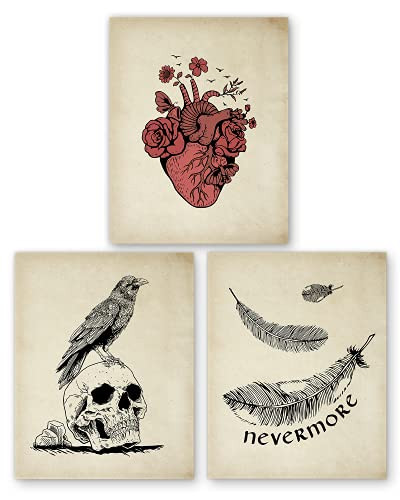 Edgar Allan Poe Poetry Inspired Wall Art - Set of 3 Gothic Artwork Posters - Raven Nevermore Tell-Tale Heart - 8x10 - Unframed