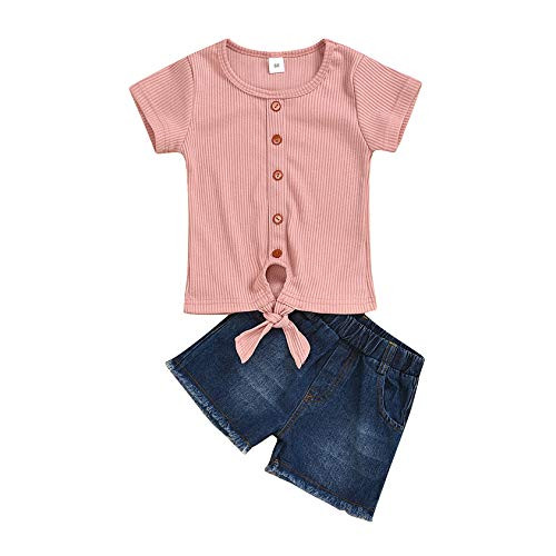 Baby Girl Denim Shorts Set Floral Ruffle Sleeve Shirt Top Dress Ripped Shorts Kids Toddler Summer Outfits -K-Pink 12-18Months-