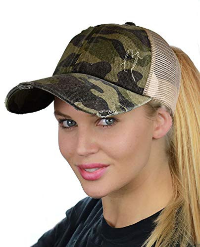 C.C Ponycap Messy High Bun Ponytail Adjustable Mesh Trucker Baseball Cap Hat Distressed Camo Olive