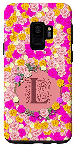 Galaxy S9 Colorful Roses  and  Wreath  Initial Letter L Monogram. Flower Case