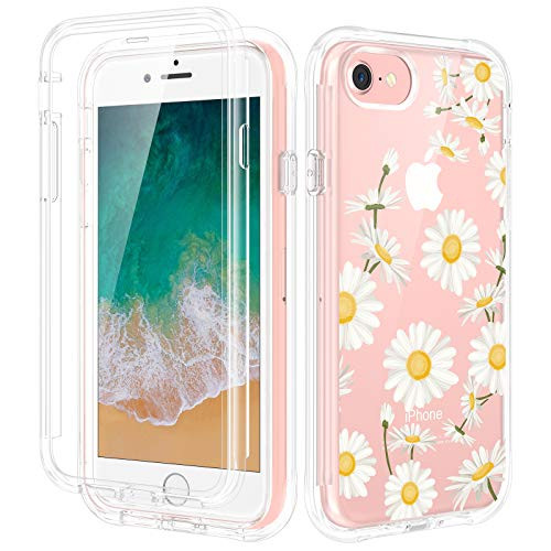 Caka iPhone SE 2020 Case iPhone 7 Case iPhone 8 Full Body Case with Built in Screen Protector Clear Daisy Floral for Girls Women Girly Protective Case for iPhone SE 2020 7 8 6 6S 4.7 inches -Daisy-
