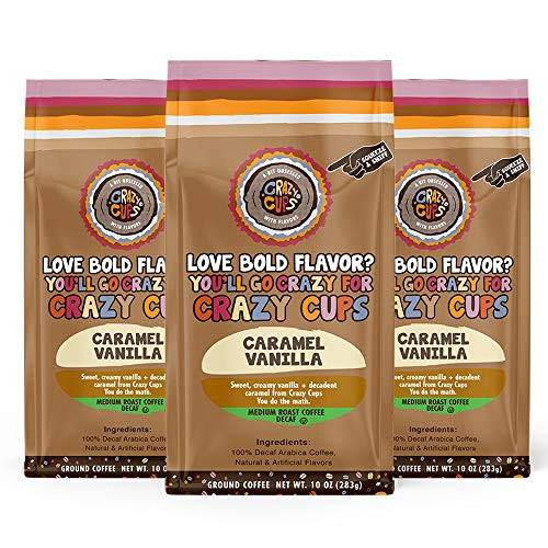 Crazy Cups Decaf Flavored Ground Coffee Caramel Vanilla in 10 oz Bags For Brewing Flavored Hot or Iced Decaf Coffee 3 Pack Crazy Cups Decaf Flavored Ground Coffee Caramel Vanilla in 10 oz Bags For Brewing Flavored Hot or Iced Decaf Coffee 3 Pack