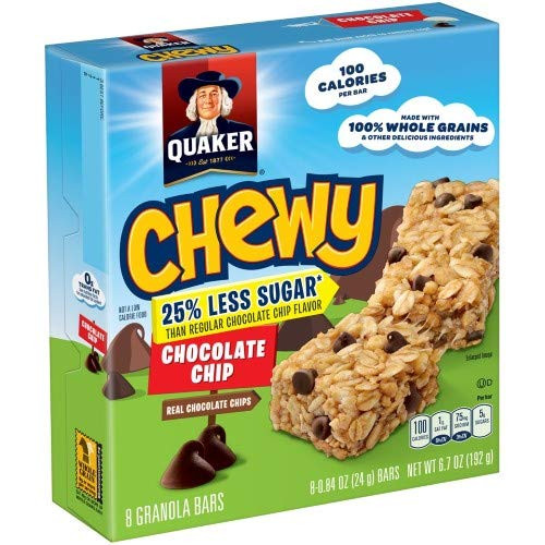 Quaker Â Chewy 25 percent Less Sugar Chocolate Chip Granola Bars 0.84 Oz. -Pack of 2-