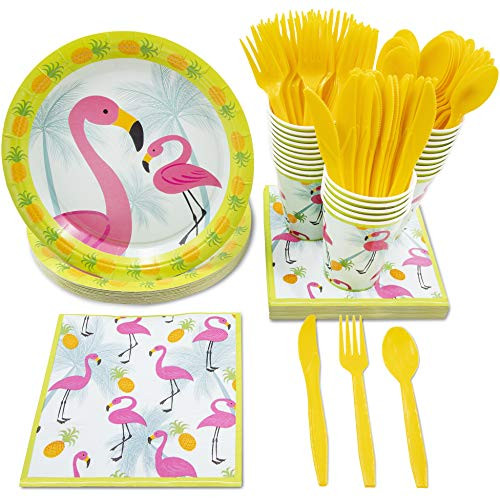 Juvale Flamingo Tropical Party Supplies - Serves 24 - Includes Plates, Knives, Spoons, Forks, Cups and Napkins for Birthday and Summer Parties