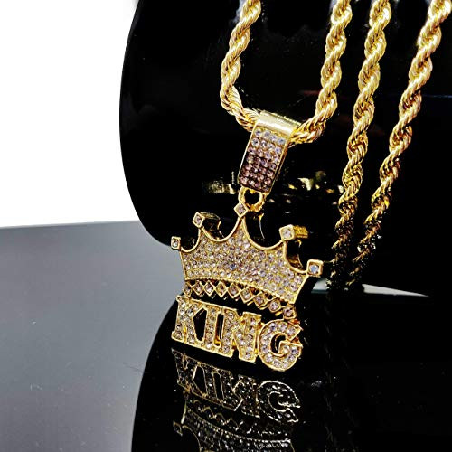 Iced Out "King Crown" 14K Hip Hop Gold Plate Jewelry Bling Bling Necklace 30 inches Rope Chain Included