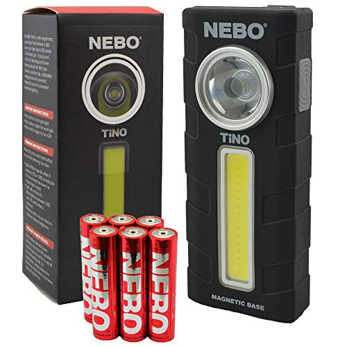 Nebo Tino Work Light Flashlight 300 Lumen LED with Magnetic Base Bundle includes 6 Nebo AAA Batteries (Black)