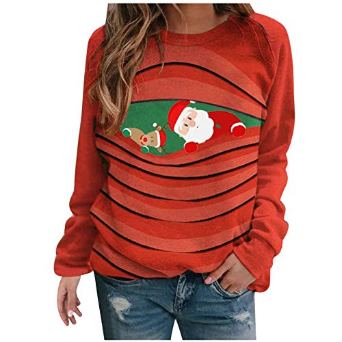 Kinsaiy Women's Sweatshirts Pullovers Christmas Cat Print O-Neck Blouses Long Sleeves Casual Loose Shirt Sweater Tops Red
