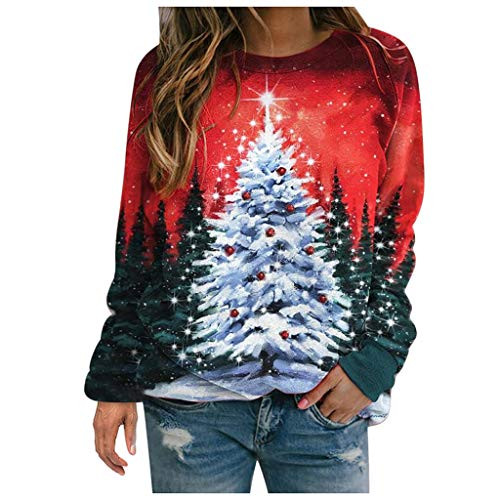 Kinsaiy Christmas Women's Sweatshirts Pullovers O-Neck Xmas Tree Blouses Long Sleeves Loose Shirt Casual Sweater Tops White