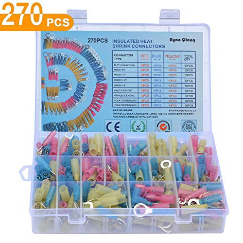 270 PCS Heat Shrink Wire Connectors,Insulated Electrical Crimp Heat Shrink Wire Connectors,Electrical Terminals Kit,Marine Automotive Copper Butt/Ring/Hook/Fork/Spade Disconnect Terminals Kits