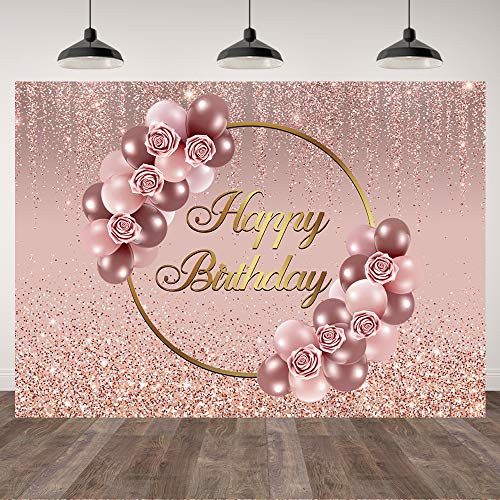 7×5ft Rose Gold Girls Happy Birthday Backdrop Women Pink Rose Glitter Floral Balloon Background for Photography Rose Gold Bokeh 16th 20th 30th Birthday Party Banner Decorations Photo Booth Props