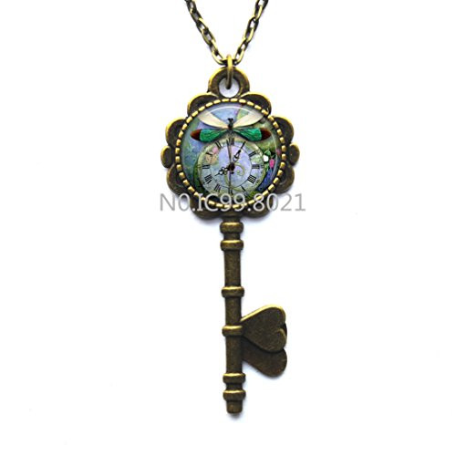Steampunk Dragonfly Key Necklace Fashion dragonfly clock jewelry Green steampunk garden Key Necklace Clock and dragonfly jewelry Clock Key Necklace.xt237 -B-