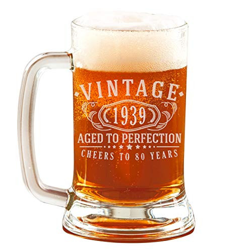 80th Birthday Etched 16oz Glass Beer Mug - Vintage 1939 Aged to Perfection - 80 years old gifts 80th Birthday Etched 16oz Glass Beer Mug - Vintage 1939 Aged to Perfection - 80 years old gifts