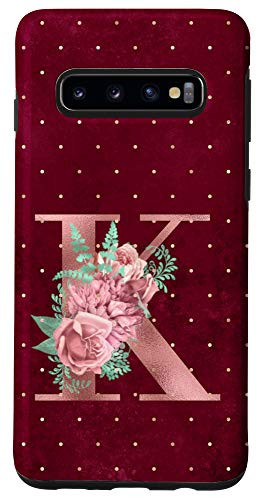 Galaxy S10 Burgundy floral Initial Letter K monogram pink flowers Case