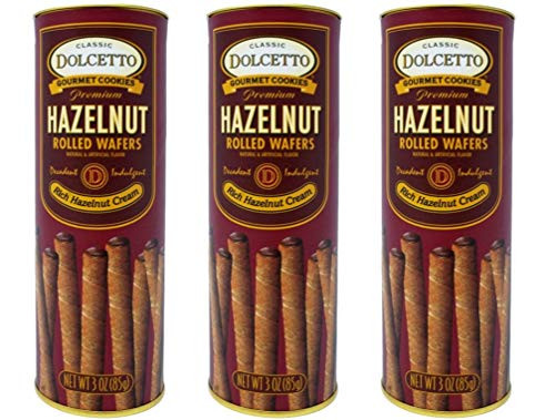 Dolcetto Premium Cream Filled Rolled Wafers Gourmet Hazelnut Cookies - Pack of 3 -3 Ounces- Dolcetto Premium Cream Filled Rolled Wafers Gourmet Hazelnut Cookies - Pack of 3 -3 Ounces-